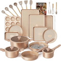 HONGBAKE 26 Pcs Pots and Pans Set Non Stick, Non Toxic Ceramic Cooking Set With 10 Silicone Utensils, Kitchen Induction Cookware & Bakeware Sets with Diamond Texture Pattern, PFOA Free, Gold