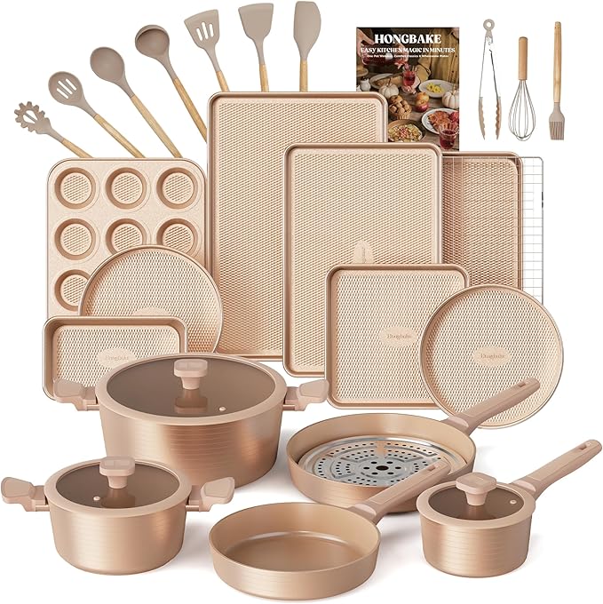 HONGBAKE 26 Pcs Pots and Pans Set Non Stick, Non Toxic Ceramic Cooking Set With 10 Silicone Utensils, Kitchen Induction Cookware & Bakeware Sets with Diamond Texture Pattern, PFOA Free, Gold