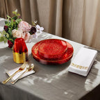 DaYammi 350PCS Clear Red Gold Plastic Dinnerware Set for 50 Guests, Hammered Disposable Plates for Party, Include: 50 Dinner Plates, 50 Dessert Plates, 150 Gold Silverware, 50 Napkins, 50 Cups