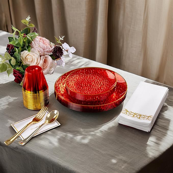 DaYammi 350PCS Clear Red Gold Plastic Dinnerware Set for 50 Guests, Hammered Disposable Plates for Party, Include: 50 Dinner Plates, 50 Dessert Plates, 150 Gold Silverware, 50 Napkins, 50 Cups