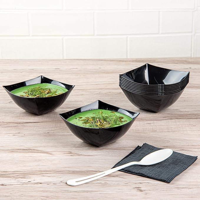 Restaurantware Moderna 8 Ounce Fancy Plastic Bowls 10 Square Disposable Salad Bowls - Durable Heavy-duty Black Plastic Bowls For Warm And Cold Foods