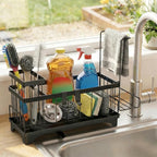 Sponge Holder for Kitchen Sink, Kitchen Sink Caddy Organizer with Detachable Cloth & Brush Holder, Auto Draining Countertop Organizers & Storage Essentials Accessories with 360° Rotatable Spout(Black)