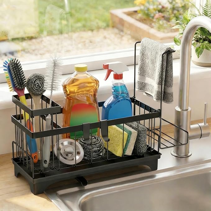 Sponge Holder for Kitchen Sink, Kitchen Sink Caddy Organizer with Detachable Cloth & Brush Holder, Auto Draining Countertop Organizers & Storage Essentials Accessories with 360° Rotatable Spout(Black)