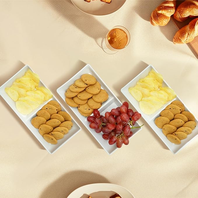 Divided Serving Tray Platter, 2 Pack 10" x 5" Fruit Veggie Food Tray for Party, Plastic Serving Trays for Appetizer, Snack, Dessert, Cookie, Brunch Decorations Platters, White Trays BPA-Free
