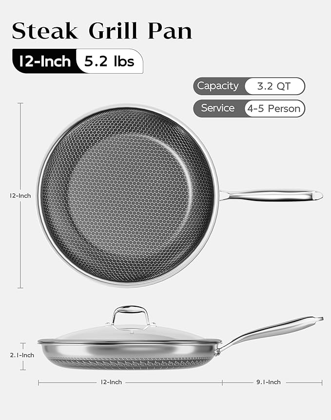 Honeycomb Stainless Steel Nonstick Frying Pan with Lid 12 Inch, Induction Cooktop Compatible Skillet, PFOA-Free Scratch-Proof, Dishwasher & Oven Safe, Stay-Cool Handle, Silver Kitchen Cookware