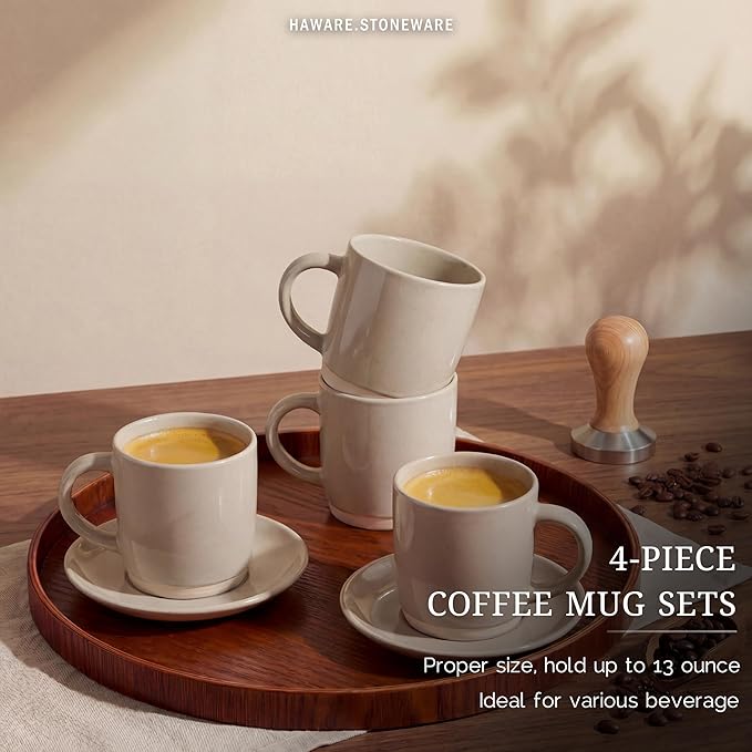 HaWare 13OZ Coffee Mugs Set of 4, Stoneware Coffee Cups, Ceramic Latte Mug for Man, Woman, Dad, Mom, Modern Tea Mugs for Latte/Cappuccino/Cocoa/Milk, Dishwasher& Microwave Safe, Speckled Cream Coffee