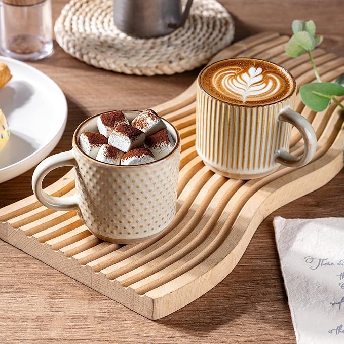 GBhome 8OZ Stackable Coffee Mugs, Ceramic Coffee Mugs with Texture Patterns for Man,Woman,Dad,Mom, Modern Coffee Cups Set of 4 for Espresso/Cappuccino. Dishwasher&Microwave Safe