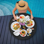 28 inch Round Solid Wood Serving Tray Extra Large Tea Coffee Snack Food Meals Serving Plate Non-Slip Kitchen Party Bar Server Ottoman Tray Breakfast Tray with Raised Edges Black
