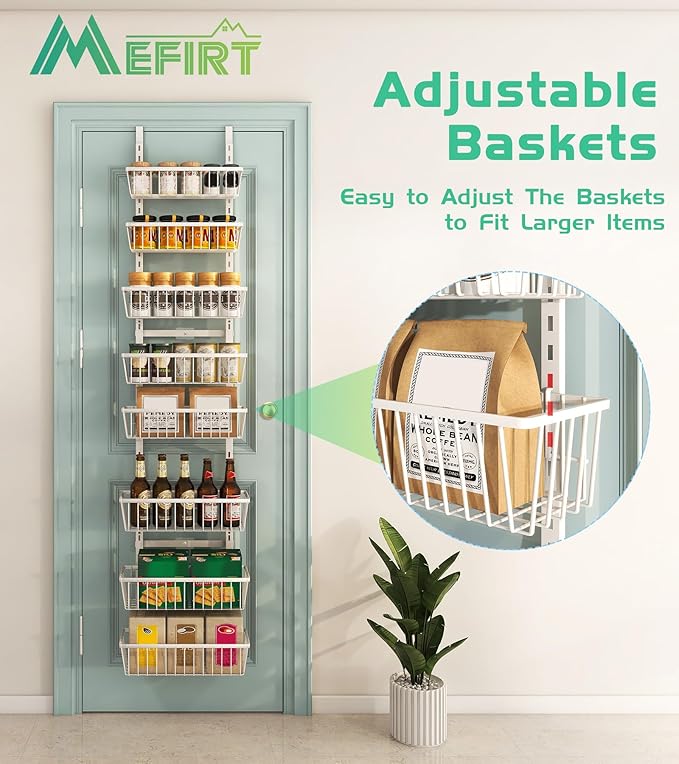 White 12 Inch Wide Narrow Over The Door Pantry Organizer, Pantry Organization and Storage, 8-Tier Metal Hanging Deep Basket Wall Spice Rack Seasoning Shelves, Home & Kitchen Essentials
