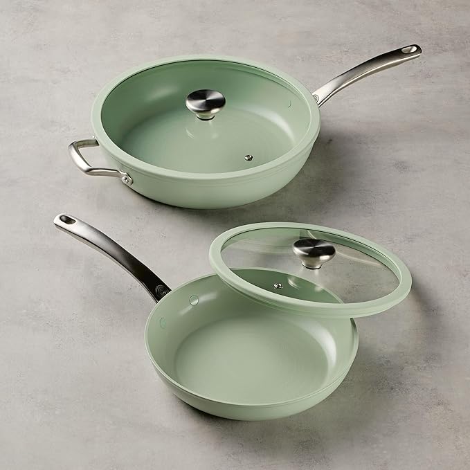 Circulon Halo with LaserDefense Ceramic Nonstick 10 Inch and 12 Inch Frying Pans with Lids, Made without PFAS, Compatible with All Stovetops, Dishwasher and Oven Safe, 4 Piece Cookware Set - Sage