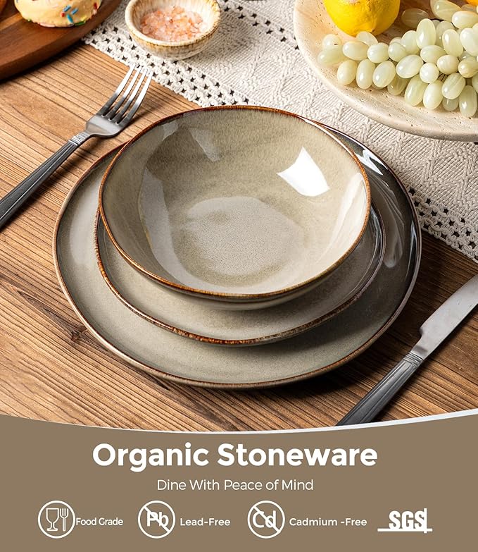 GBHOME Stoneware Dinnerware Sets for 4, 12 Pieces Rustic Ceramic Plates and Bowls Set, Handmade Reactive Glaze Plate Sets, Highly Chip Resistant Dishes, Microwave & Dishwasher Safe, Driftwood Taupe