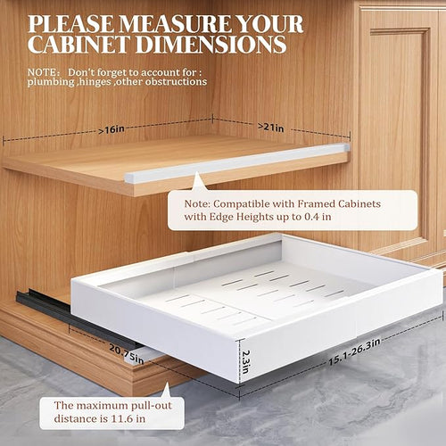 4 Pack Expandable Pull Out Cabinet Organizer 21"Deep With Raising Pad for Framed Cabinets,Upgrade 3 Slide Rails Slide Out Drawers,No Drill Roll Out Shelves,Adjustable Width 15.1"-26.3" White