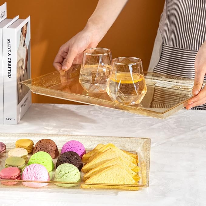 I00000 6 Pack Gold Glitter Plastic Serving Tray, 15" x 10" Crooked Food Trays, Clear Disposable Serving Platter for Parties, Weddings