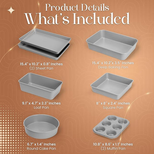 8 Piece Nonstick Stackable Bakeware Set - 8 Piece Nonstick Bakeware Set - Easy Storage, 450°F Oven Safe, Durable Design, Muffin, Loaf, Baking Sheets, Round & Square Pan, Roaster; BPA-Free (Gray)