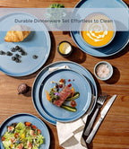 GBHOME 12-Piece Stoneware Dinnerware Set for 4 – Ribbed Ceramic Plates and Bowls, Scratch-Resistant, Microwave & Dishwasher Safe, Reactive Glaze, Alaskan Blue