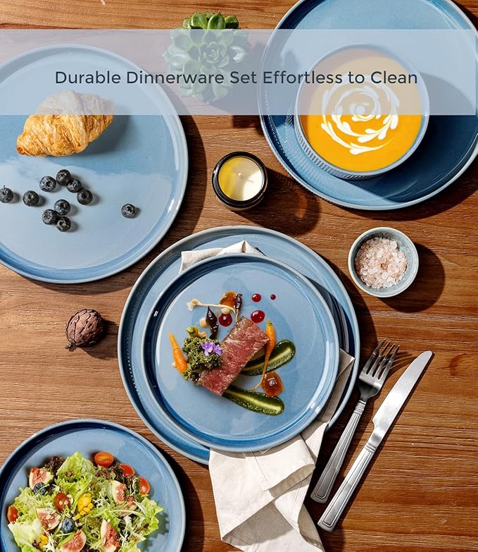 GBHOME 12-Piece Stoneware Dinnerware Set for 4 – Ribbed Ceramic Plates and Bowls, Scratch-Resistant, Microwave & Dishwasher Safe, Reactive Glaze, Alaskan Blue