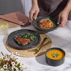 E-far Stoneware Dinnerware Sets for 2, 6-Piece Plates and Bowls Sets, Chip & Scratch Resistant Ribbed Dish Set for Home Restaurant, Microwave & Dishwasher Safe, Blackish Green