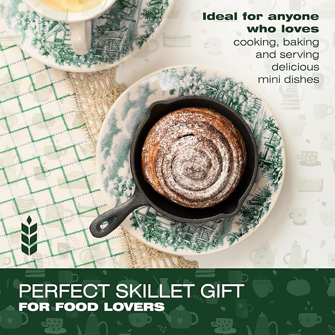 KUHA Small Cast Iron Skillet Set | Pre-Seasoned Mini Cast Iron Skillets for Cookies, Eggs & Desserts | For Baking & Serving | 6 Silicone Trivets & Scraper Included | 4", Set of 6