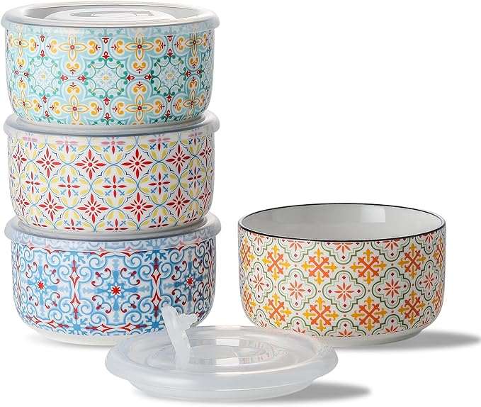 Ceramic Bowls Set with Lid: Microwave Safe Soup Containers for Meal Prep, Cereal, Salad, Picnic, Camping, Office Lunch, Kitchen Food Storage - 5 Inch, 20 oz, 4 PCS, Design D