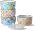 Ceramic Bowls Set with Lid: Microwave Safe Soup Containers for Meal Prep, Cereal, Salad, Picnic, Camping, Office Lunch, Kitchen Food Storage - 5 Inch, 20 oz, 4 PCS, Design D