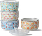 Ceramic Bowls Set with Lid: Microwave Safe Soup Containers for Meal Prep, Cereal, Salad, Picnic, Camping, Office Lunch, Kitchen Food Storage - 5 Inch, 20 oz, 4 PCS, Design D