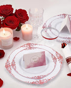Nervure 350PCS Red Plastic Plates - White Red Plastic Dinnerware Set for 50 Guests - 100 Red Disposable Plates, 50 Pre Rolled Cutlery Set, 50 Cups Perfect for Wedding & Party & Valentine