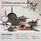 DishDelight Induction Pots and Pans Set Non Stick, 12 Piece Nonstick Kitchen Cookware Sets, Nonstick Granite Cooking Set Induction Pots and Pans, Induction Cookware Sets with Frying Pans, Black