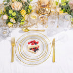 Ciaell 350PCS Clear Plastic Plates with Gold Trim for 50 Guests,Includes 100 Plastic Plates, 50 Pre Rolled Napkins with Gold Silverware, 50 Cups, Disposable Dinnerware Set for Wedding & Party