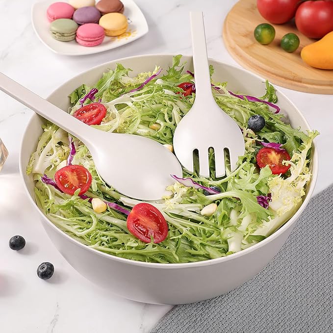 ECOWAY Bamboo Fiber Salad Bowl Set with Lid & Servers, 4Qt Large Serving Bowl with Bamboo Lid, 130OZ Mixing Bowl with Spoon Fork for Salad Fruits Vegetables and Pasta (White, 9.8inch)