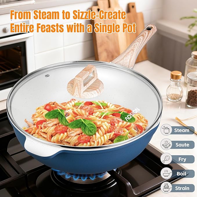 AOSION 11 Inch Nonstick Ceramic Deep Frying Pan Skille with Lid,5QT Sauté Pan for Cooking with Steam Rack,Healthy Large Skillet,Stay Cool Handle, Induction Compatible, PFOA & PFAS Free. (BLUE)