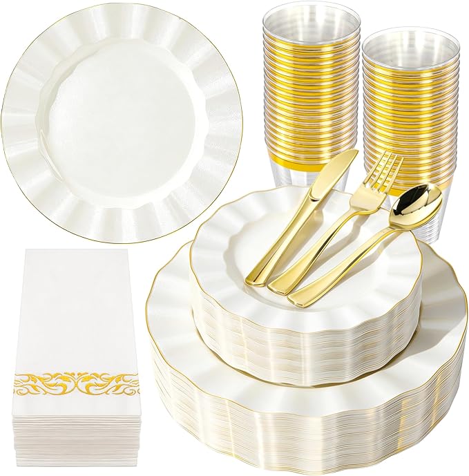 175PCS Gold and White Plastic Dinnerware Set, Plastic Party Plates for 25 Guests, 50 Disposable Plates, 25 Heavy Duty Silverware, 25 Cups, 25 Napkins for Party and Wedding