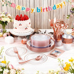 GATHER 350PCS Rose Gold Plastic Plates - Disposable Rose Gold Dinnerware Includes 100 Clear Rose Golds Rimmed Plastic Plates, 150 Silverware, 50 Napkins, 50 Cups for Party, Wedding, Mother's Day