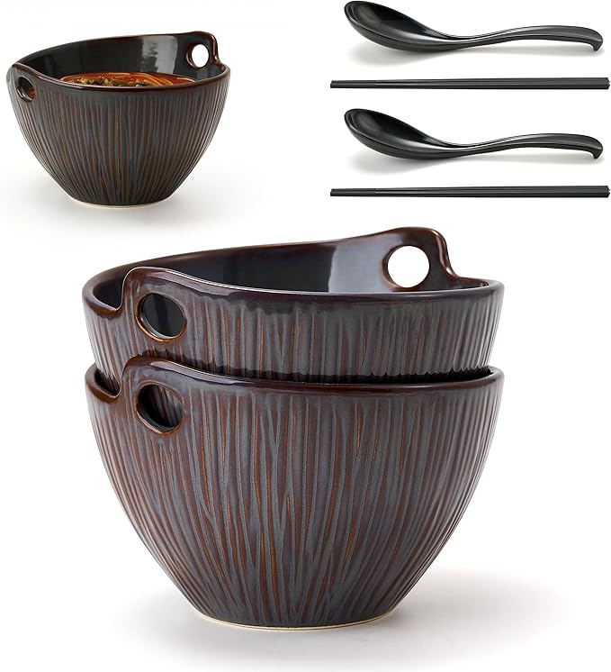 Ramen Bowl with Chopsticks and Spoons Set, 7 Inch Ceramic Noodle Bowl Set of 2, Dishwasher Safe for Pho Udon Soba Noodle Salad Pasta, Special Reactive Glazed Bowls Set, Purple-Gray