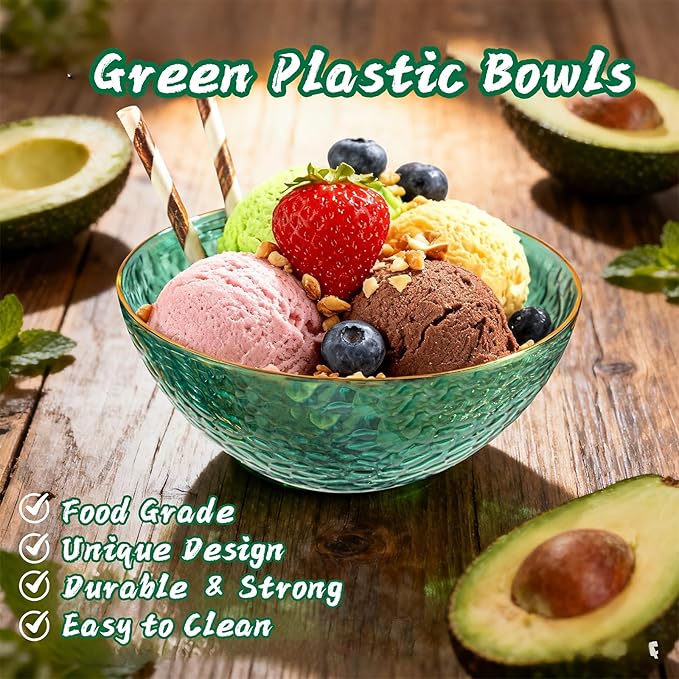 I00000 50 Pack 12 Ounce Clear Green Plastic Bowls Serving Bowls Hammered with Gold Rimmed, Heavy Duty Disposable Bowl Set,Small Bowls for Party Picnic