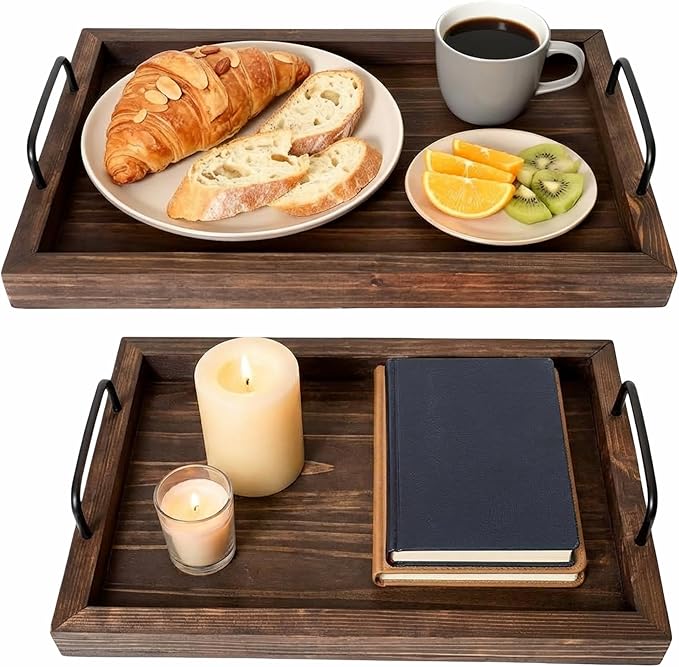 Besti Rustic Vintage Food Serving Trays (Set of 2) | Wooden Board w/Metal Handles | Stylish Farmhouse Decor Serving Platters | Small: 13.5" x 2 x 9.5, Large: 15.9" x 2" x 11.8" (Rustic Dark Brown)