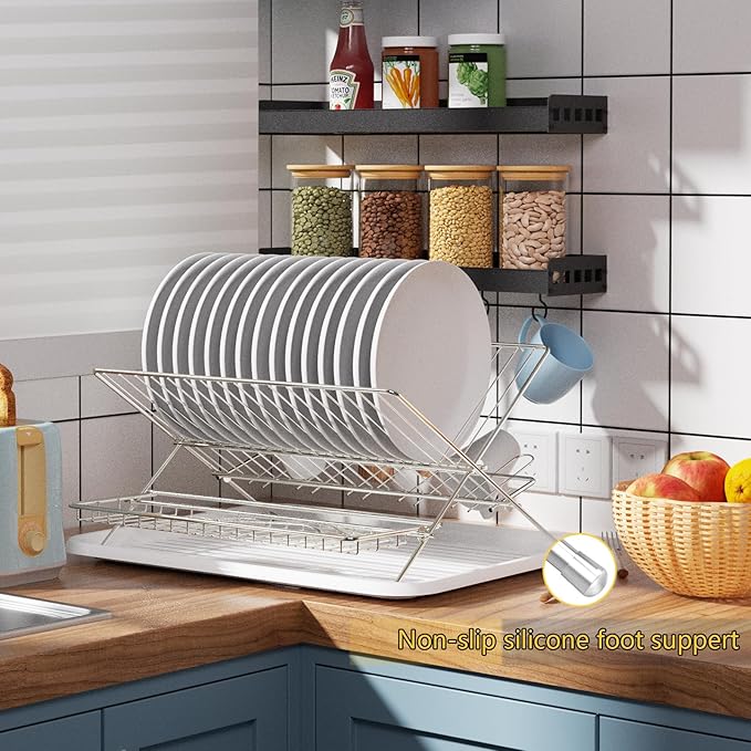 Collapsible Dish Drying Rack Space Saving Foldable Drying Rack Dishes,Stainless Steel(304) Dish Racks for Kitchen Counter,Campact Kitchen Metal 2-Tier Large