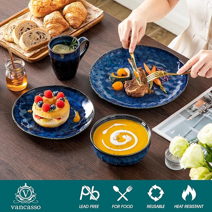 vancasso Starry 16 Pieces Dinnerware Set for 4, Reactive Glaze Blue Stoneware Plates and Bowls Set, Dishes Set with Mugs for 4, Microwave & Dishwasher Safe