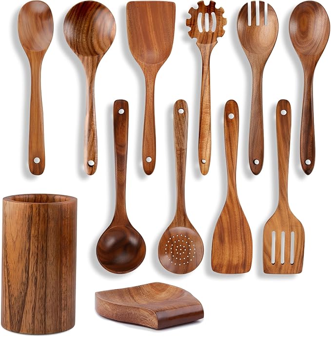 12-Piece Wooden Spoons for Cooking with Holder – Natural Teak Wood Utensils – Comfort-Grip Cooking Wood Tools Non-Stick Safe Easy to Clean Heat Resistant Set