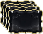 Gift Boutique 10 Black Rectangle Trays with Gold Rim Border for Dessert Display Table Parties 9" X 13" Disposable Paper Cardboard for Platters Cupcake Displays Birthday Party Weddings Food Safe