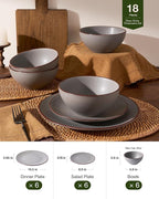 Famiware Venus Plates and Bowls Sets, 18 Pieces Stoneware Speckled Dishes Dinnerware Set for 6, Matte Dark Gray - Microwave & Dishwasher Safe, Modern Minimalist, for Everyday Meals & Formal Dining