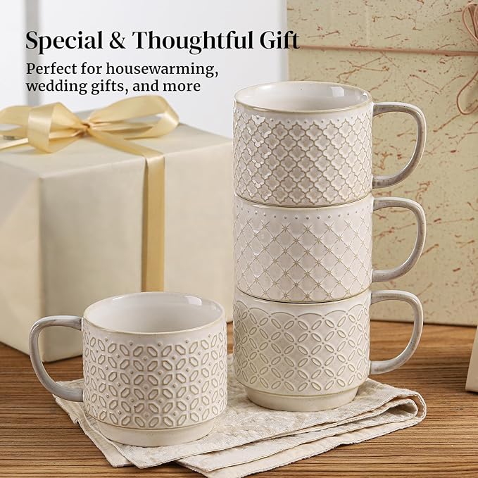DOWAN 12oz Coffee Mugs Set of 4, Ceramic Coffee Mugs, Stackable Cappuccino Cups, Microwave Safe, Thick-Walled Design for Heat Retention, Office and Home Use