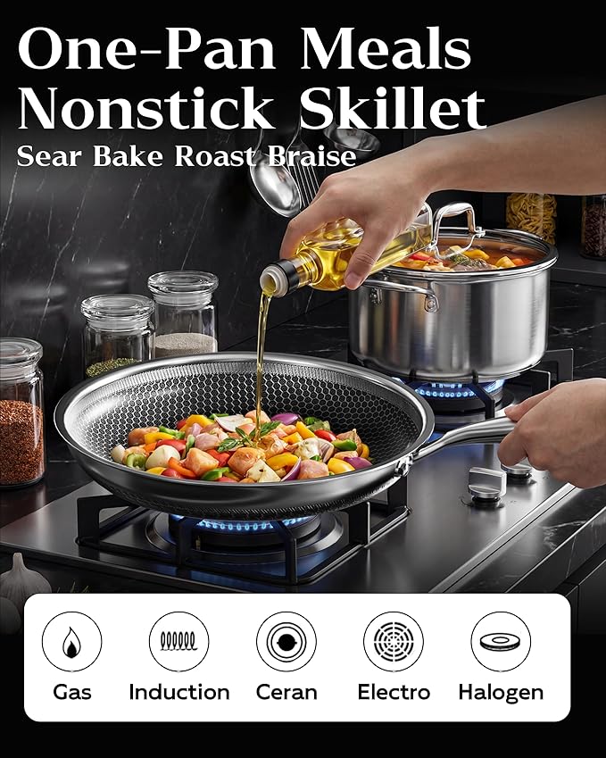 Honeycomb Stainless Steel Nonstick Frying Pan with Lid 12 Inch, Induction Cooktop Compatible Skillet, PFOA-Free Scratch-Proof, Dishwasher & Oven Safe, Stay-Cool Handle, Silver Kitchen Cookware