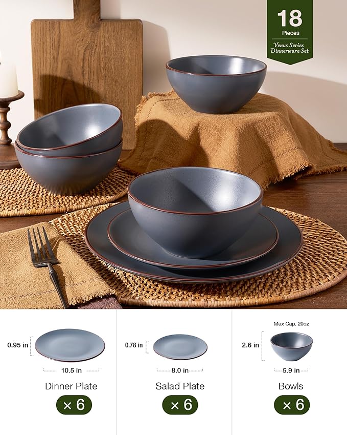 Famiware Venus Plates and Bowls Sets, 18 Pieces Stoneware Speckled Dishes Dinnerware Set for 6, Matte Charcoal - Microwave & Dishwasher Safe, Modern Minimalist, for Everyday Meals & Formal Dining