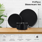 E-far Black Dinnerware Sets for 6, 18-Piece Stoneware Plates and Bowls Dish Set, Modern Kitchen Dinning Dishware, Chip and Scratch Resistant, Microwave & Dishwasher Safe, Matte Black