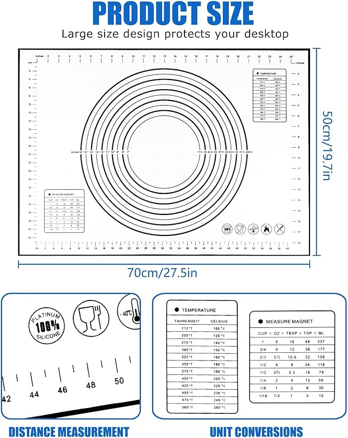 Silicone Pastry Mat with Measurements, 28" x 20" Extra Large Silicone Baking Mat, Non-slip Pastry Rolling Sourdough Baking Mat, Bread Rolling Dough Mats Sheet for Fondant,Pizza,Pie,Cookies