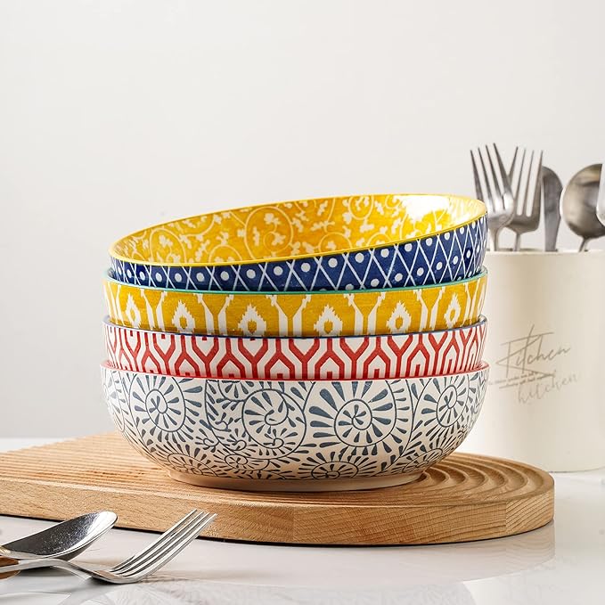 Selamica Ceramic 30 Ounce Large Pasta Bowls Set of 4, 8 inch Salad Bowl Wide and Shallow Microwave Dishwasher Safe, Assorted Corlors