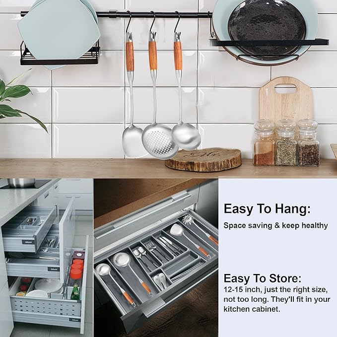 Stainless Steel Kitchen Utensils Set with Wooden Handle, 6 PCS Professional Cooking Utensils Set 15", Wok Spatula, Ladle, Skimmer, Slotted Spatula Turner, Spaghetti Spoon, Large Spoon