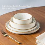 GBHOME 24-Piece Stoneware Dinnerware Set for 8 – Ribbed Ceramic Plates and Bowls, Scratch-Resistant, Microwave & Dishwasher Safe, Reactive Glaze, White with Honey-Brown Edge