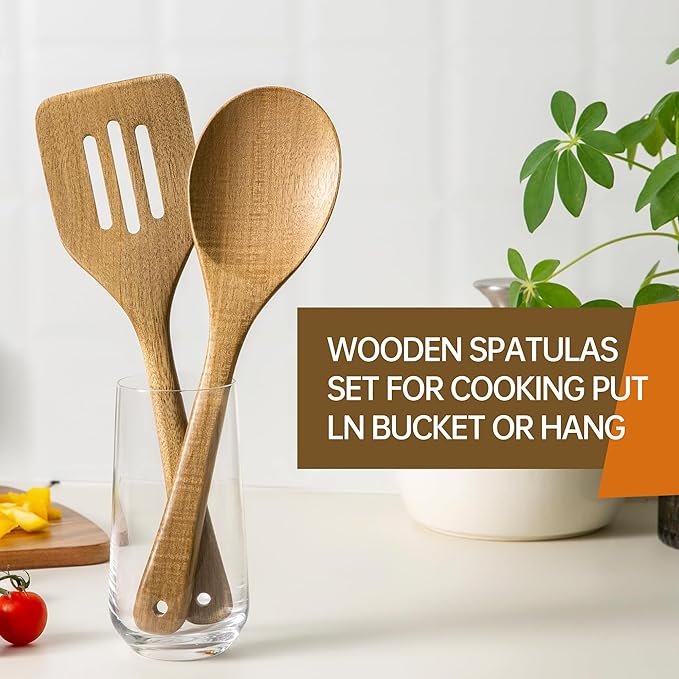 Wooden Serving Spoon and Spatula, Acacia Solid & Slotted Turner Spatula Set