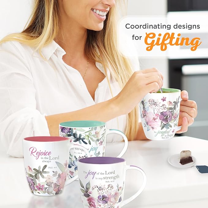 Christian Art Gifts Ceramic Coffee or Tea Mug Set for Women, Rejoice Watercolor Flowers Design Bible Verse Mug Set, Boxed Set of 4 Coffee Cups